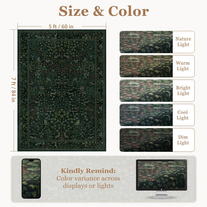 Jainmy Woodland Floral Animal 5x7 Washable Rugs for Living Room, Whimsical Tree of Life Natural Area Rug for Bedroom Nursery, Low Pile Thin Carpet Rugs for Dining Room Home Office Non Slip, Dark Green