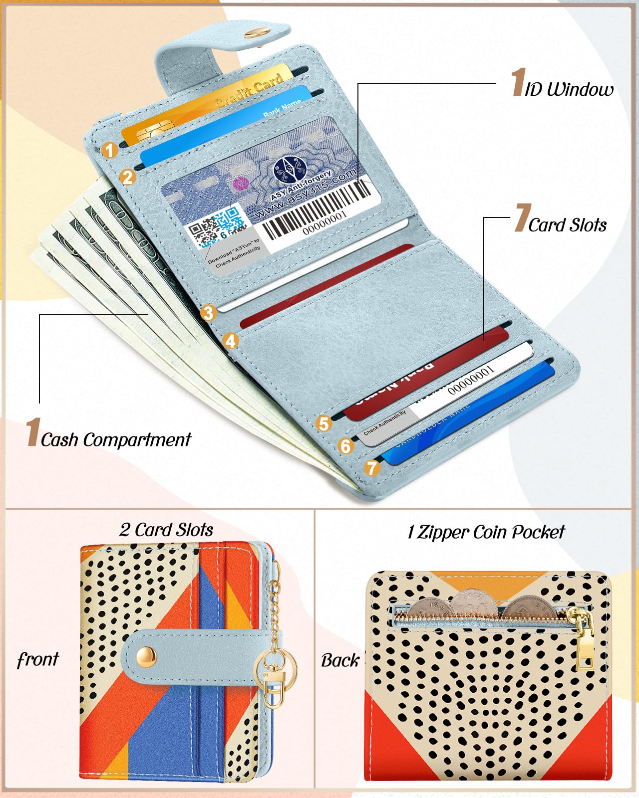 Bistup Wallet for Women Cute Bifold Card Wallet Rfid with Keychain for Ladies Teen Girls Female Medium Aesthetic Girly Small Thin Slim Abstract Unique Pretty Modern Leather Credit Card Holder Purse