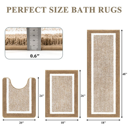 Pauwer Bathroom Rugs Sets 3 Piece Bathroom Shower Rugs with U-Shaped Contour Toilet Mat Absorbent Microfiber Plush Non Slip Bath Mats Machine Washable Shaggy Bath Floor Mat, Khaki