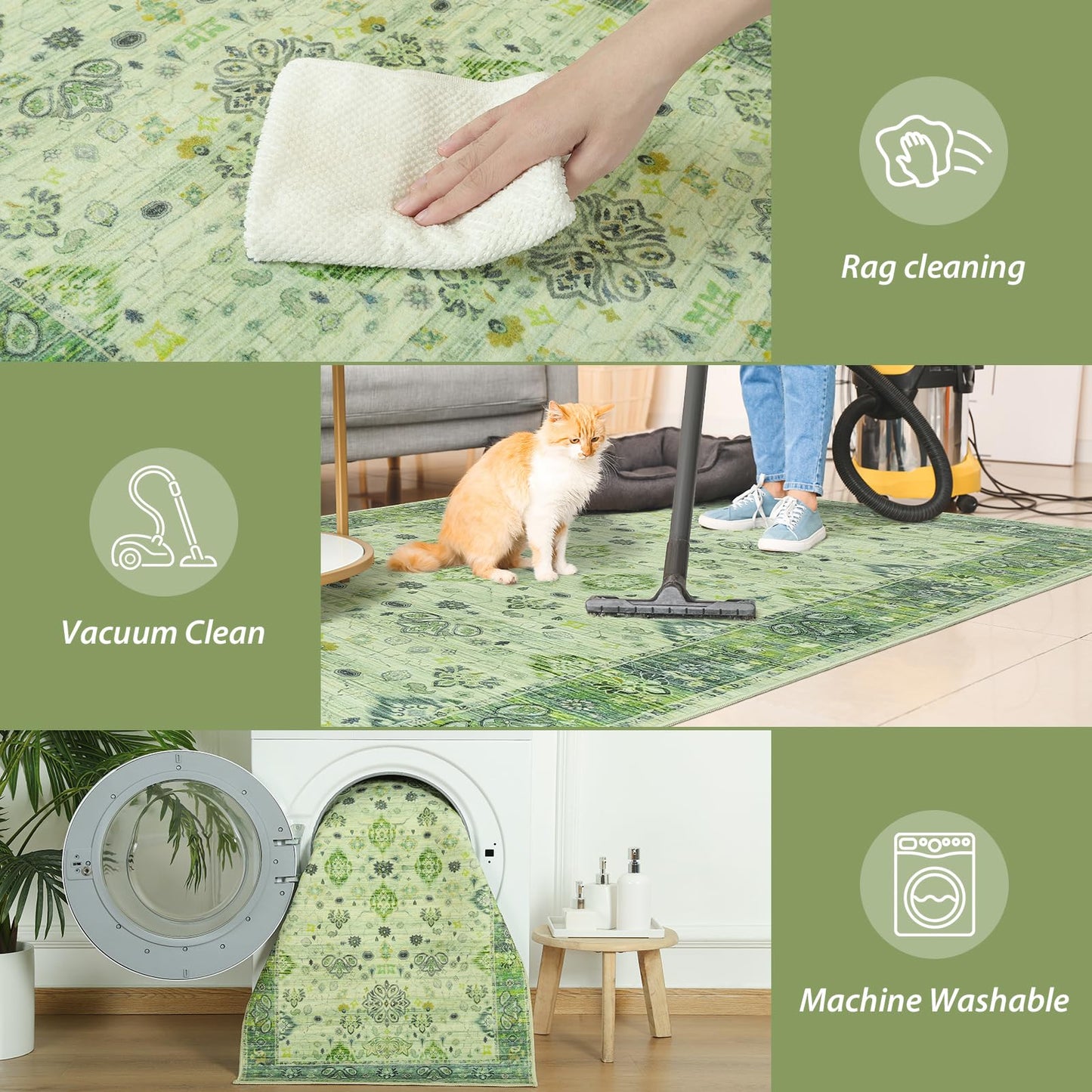Przemy Runner Rug for Bedroom, 2x6Ft Washable Non-Slip Area Rugs,Small Floral Carpet for Entryway Hallway Girls's Bedside Living Room, Green
