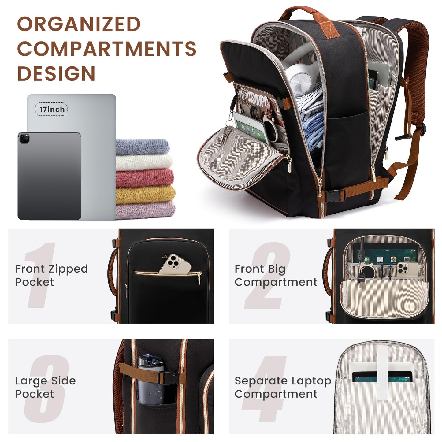 LOVEVOOK 40L Large Travel Backpack for Women Men, 17 Inch Carry on Backpack for Traveling on Airplane, Personal Item Bag Airline Approved, Business Causal Weekender Backpack, Black-Brown