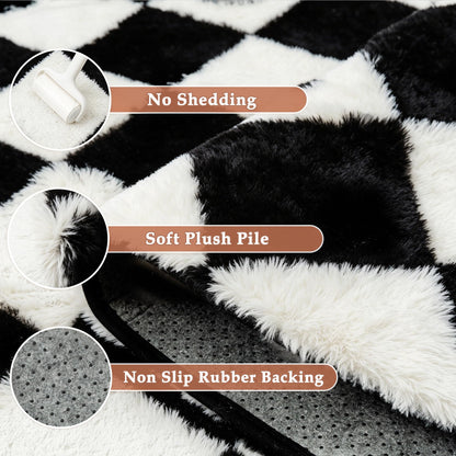 PureCozy Checkered Rug 5x8 Fluffy Shag Living Room Black and White Area Rug Modern Washable Carpet Soft Shaggy Non Slip Indoor Plush Fuzzy Rugs for Bedroom Dorm Office Home Aesthetic Decor
