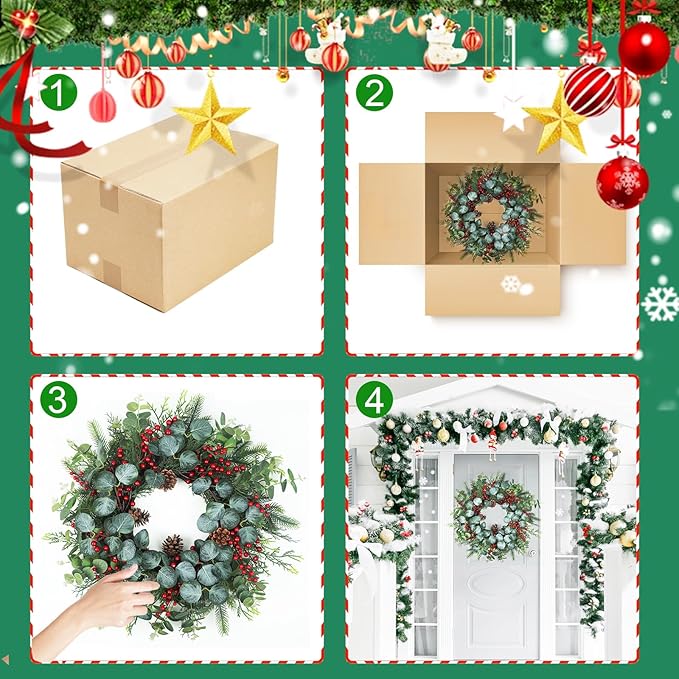 Spring Wreaths for Front Door,Boxwood Wreaths for Indoor and Outdoor Wedding Decorations,Spring Wreath with Pine Cones and Leaves,Berries,Eucalyptus Leaves for Home Decor