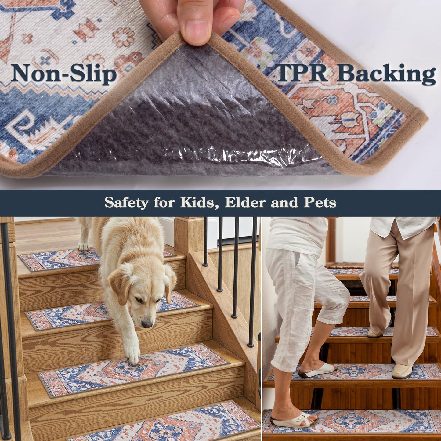 Lahome Non Slip Peel and Stick Stair Treads 15 Pack 8" X 30" Carpet Treads for Wood Stairs, Washable Self Adhesive Mat Edging Staircase for Tenant Defend The Steps from Scratches Dorie,Blue-Tan