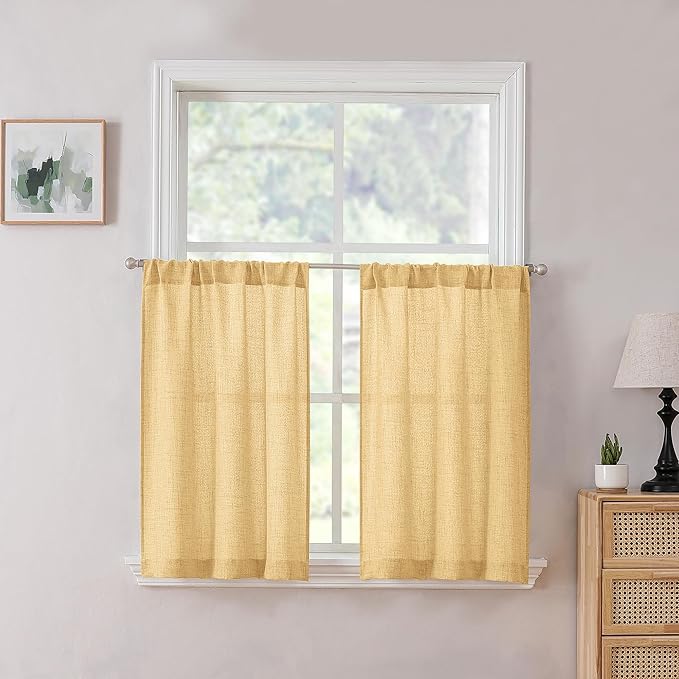 Tollpiz Short Linen Tier Curtains Rod Pocket Semi Sheer Half Kitchen Curtain Burlap Light Filtering Thick Linen Drapes for Bathroom, 30 x 24 inches Long, Beige, Set of 2 Panels