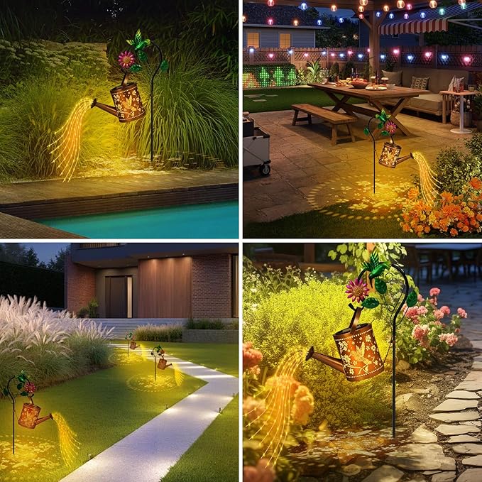 Outdoor Hanging Solar Lantern Waterproof Metal Openwork Hummingbird Watering Can Landscape Lights with Shepherd Hook for Porch Lawn Driveway Backyard Pathway Mom Grandma Gifts