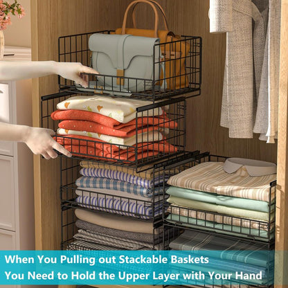 Hongtamoya 4-Tier Sliding Closet Organizers and Storage Shelves, Stackable Closet Shelf Organizer Basket Bins, Drawer Shelf Storage Container for Wardrobe Cupboard Kitchen Bathroom Office, Black