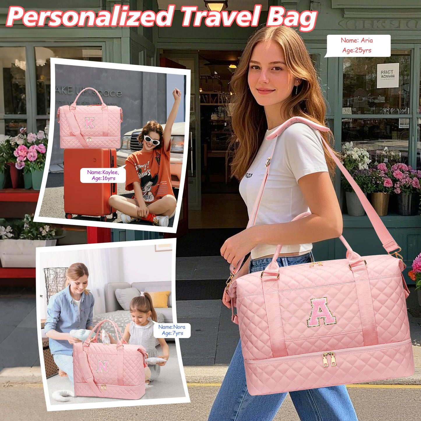 CLOUDWINGS Graduation Gift for Her Women Gift-Birthday Gifts Initial Travel Duffle Bag Quilted Weekender Carry-On Overnight with Cosmetic Bag, Gym Bag with Shoe Compartment Personalized Bag, Pink A
