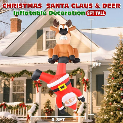 Christmas Inflatable Roof Outdoor Decorations, 8FT Inflatables Reindeer & Climbing Santa, LED Lights Blow up Holiday Hanging Decor for Window Indoor Rooftop Outside Balcony Garden Restaurant Café