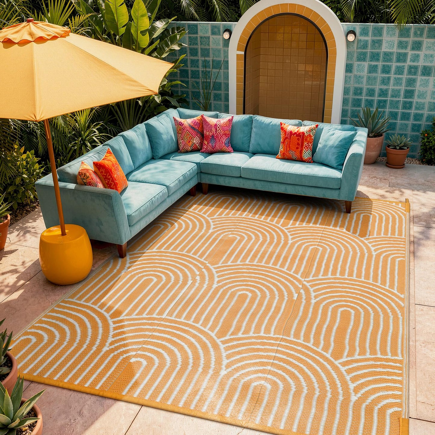Lahome Outdoor Area Rugs 8x10 Waterproof, Plastic Reversible Rv Mats for Outside, Portable Lightweight Camping Carpet for Beach Backyard Garden (Rainbow Orange, 8'x10')