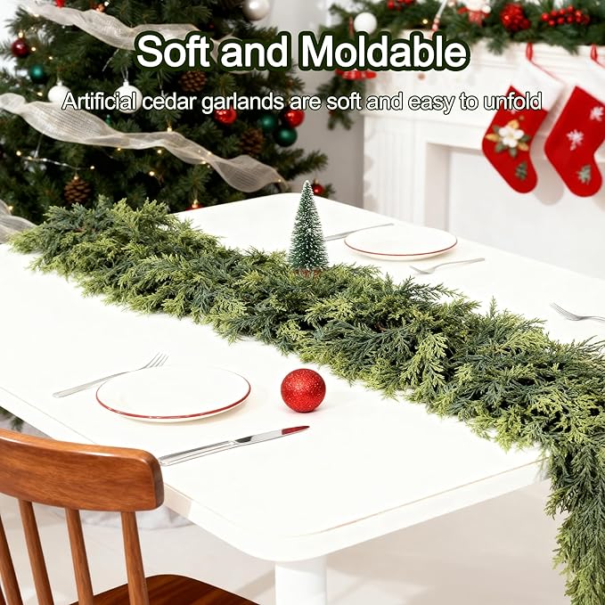 6ft Real Touch Cedar Garland Artificial Realistic Christmas Greenery Pine Garland with 150 Cedar Branches for Mantle, Fireplace, Table, Stairs, Doorframe, Window, Outdoor Indoor Xmas Decor