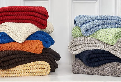 Longhui bedding Blue Knitted Throw Blanket for Couch, Soft, Cozy Machine Washable 100% Cotton Sofa Knit Blankets, Heavy 4.0lb Weight, 60 x 80 Inches, Laundry Bag Included