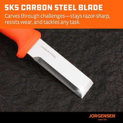 Jorgensen Wood Chisel Knife with Sheath, Wood Chisel for Woodworking with Ergonomic Handle, SK5 Carbon Steel Blade, Full Tang Design, for Carving, Whittling, Splitting
