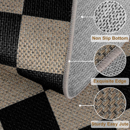 Rugalia Easy Jute Checkered Entryway Rug, 2x3 Black Modern Indoor Outdoor Doormat, Washable Non-Slip Small Kitchen Rug Farmhouse Checkerboard Throw Rugs for Entrance Bedroom Bathroom