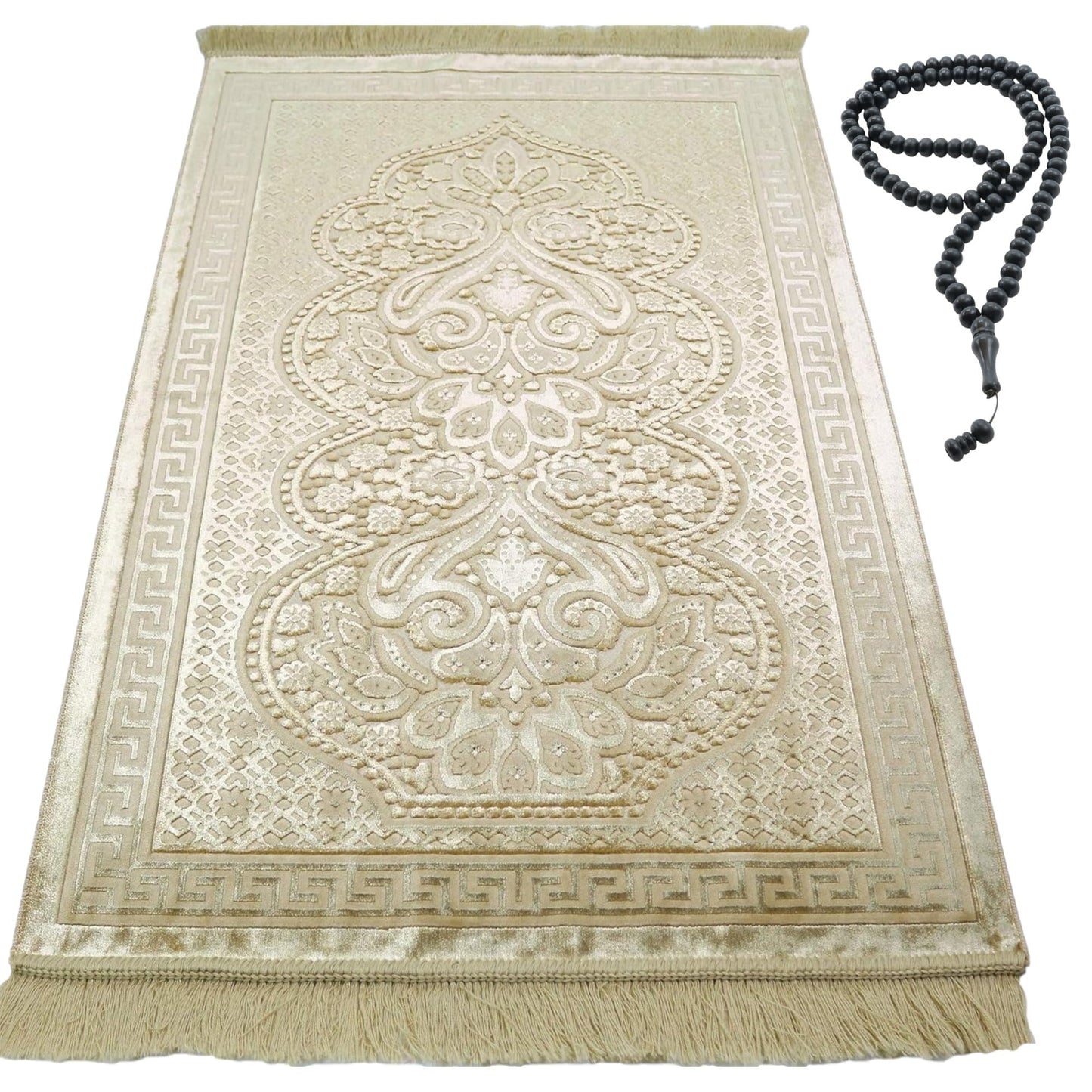 Modefa Luxury Velvet Prayer Rug with Prayer Beads | Soft Elegant Muslim Turkish Janamaz Sajada Carpet for Men and Women | Plain Solid Prayer Mat Ramadan Eid Gift - Paisley (Golden Yellow)
