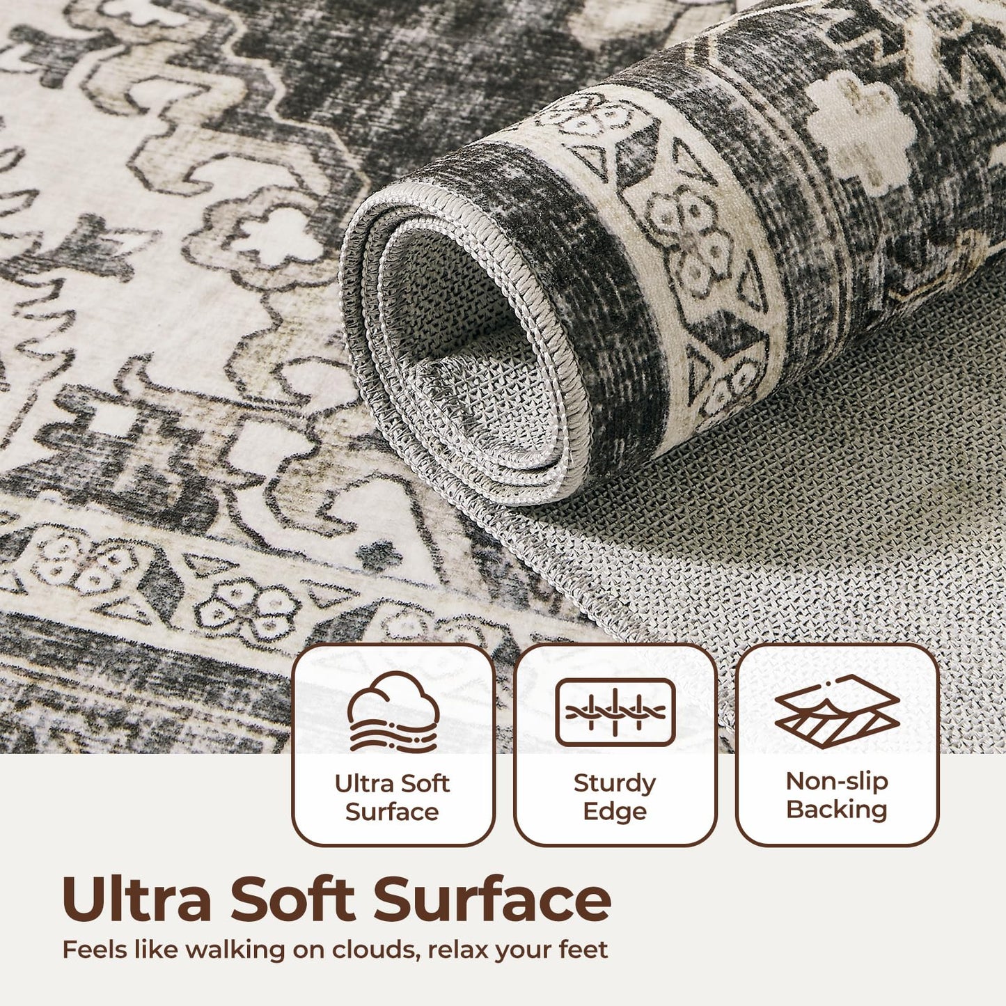 WITSHOCK Living Room Area Rugs 8x10: Washable Rug Boho Soft Non-Slip Low Pile Stain Resistant Foldable Carpet for Bedroom Playroom Dining Room Office Kitchen Farmhouse Home Decor Rug-Bitter Black