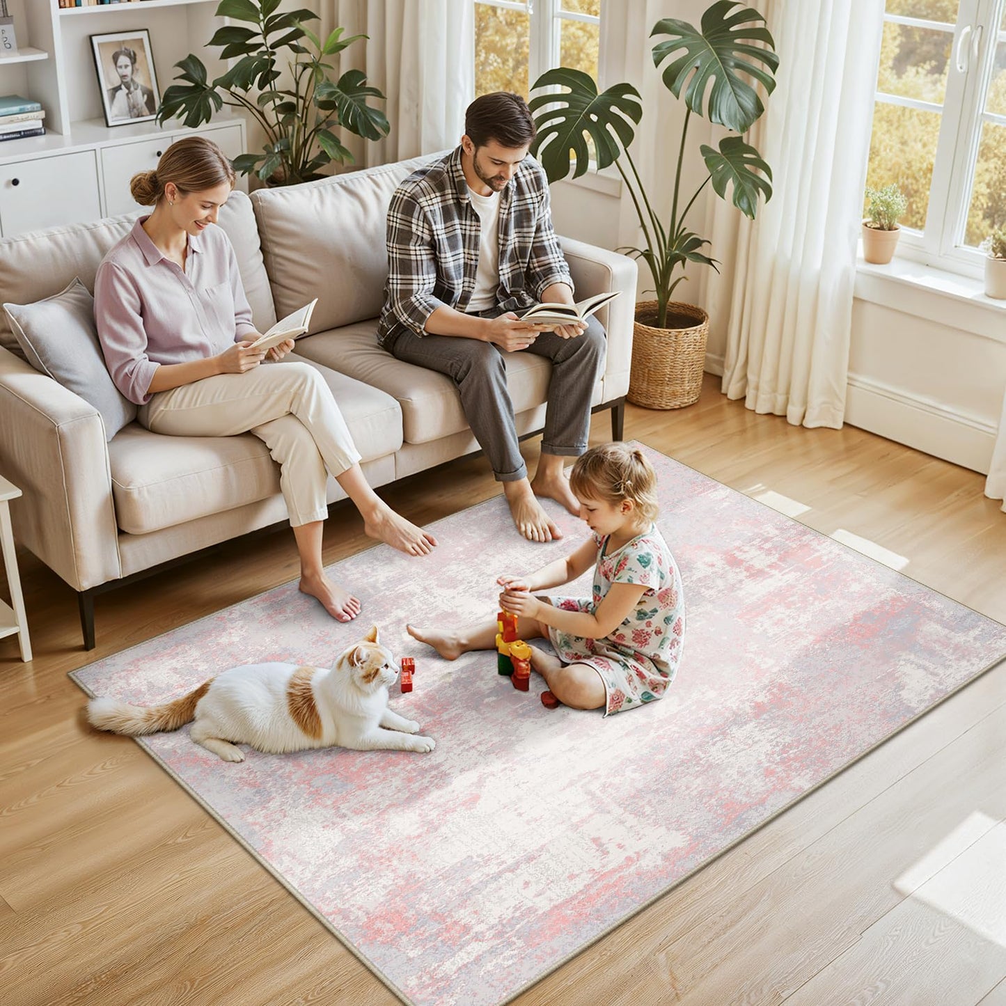 RELEANY Washable Area Rugs 4'x6' Non-Slip Modern Abstract Soft for Living Room Entryway Bedroom Kitchen, Print Pattern, Grey Pink