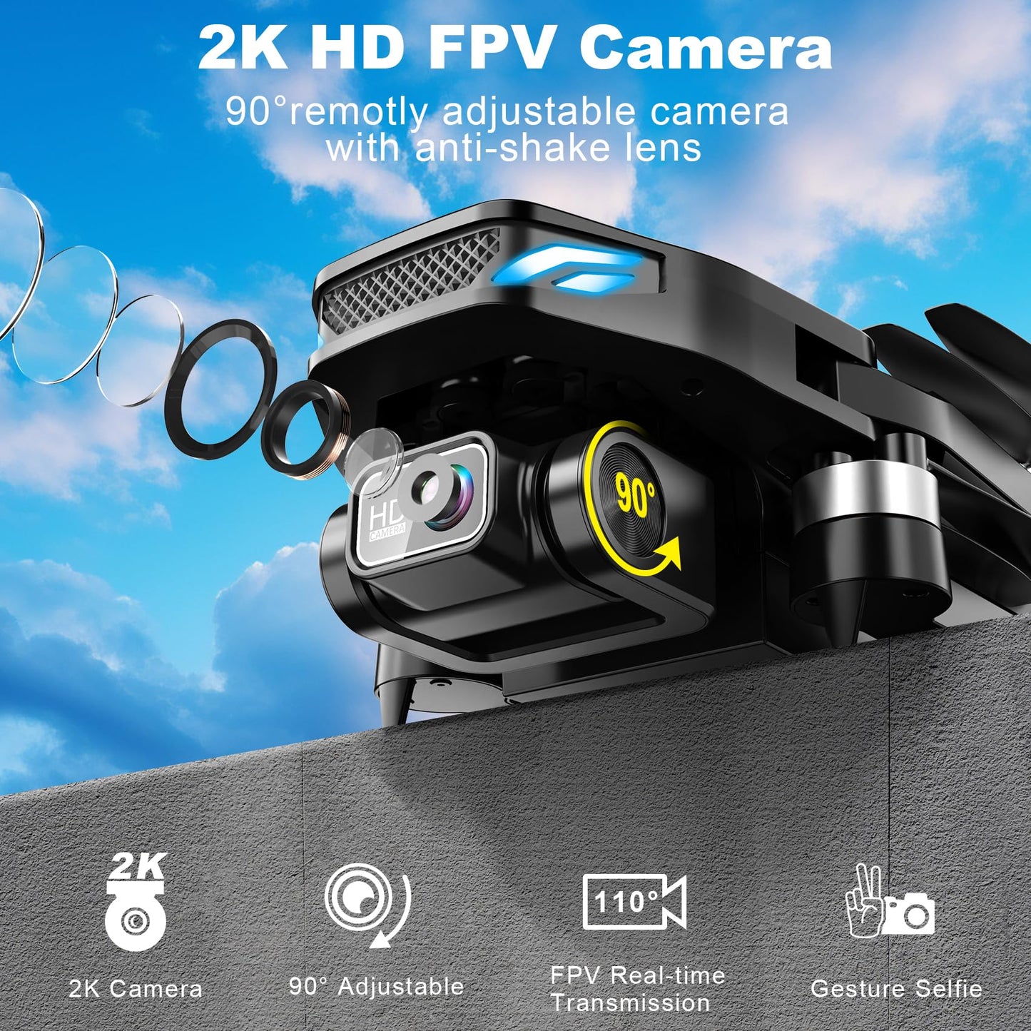Drone with Camera, 2K HD FPV Drone with Brushless Motor, Altitude Hold, Gesture Selfie, One Key Take Off/Landing, 3D Flips, Waypoint Fly, 2 Batteries, Foldable Mini Drones for Kids and Beginners
