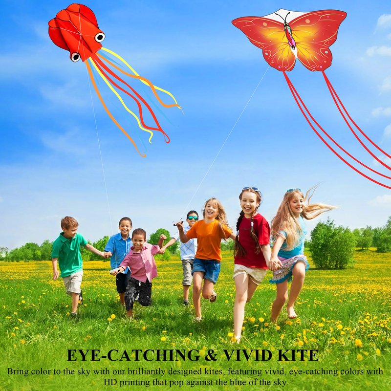 Crogift 3 Pack Large Kites, Easy to Fly Large Butterfly, Giant Red Octopus & Colorful Delta Kite for Beach Trip - Perfect Kites for Kids Ages 4-8 8-12, Gifts for Easter and Festival