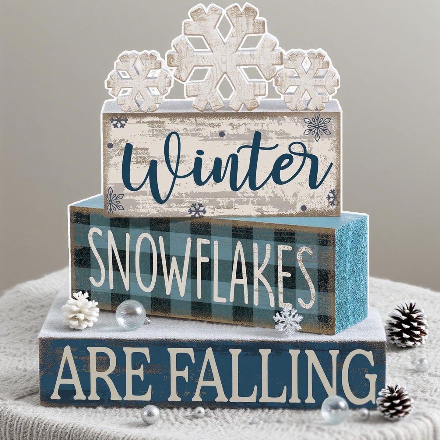 Yuntau 6 Pcs Winter Snowflakes Table Decorations Christmas Snowflake Centerpieces for Tables Winter Tiered Tray Decor Rustic Wood Snow Sign Farmhouse for Wonderland Party Kitchen Shelf Home