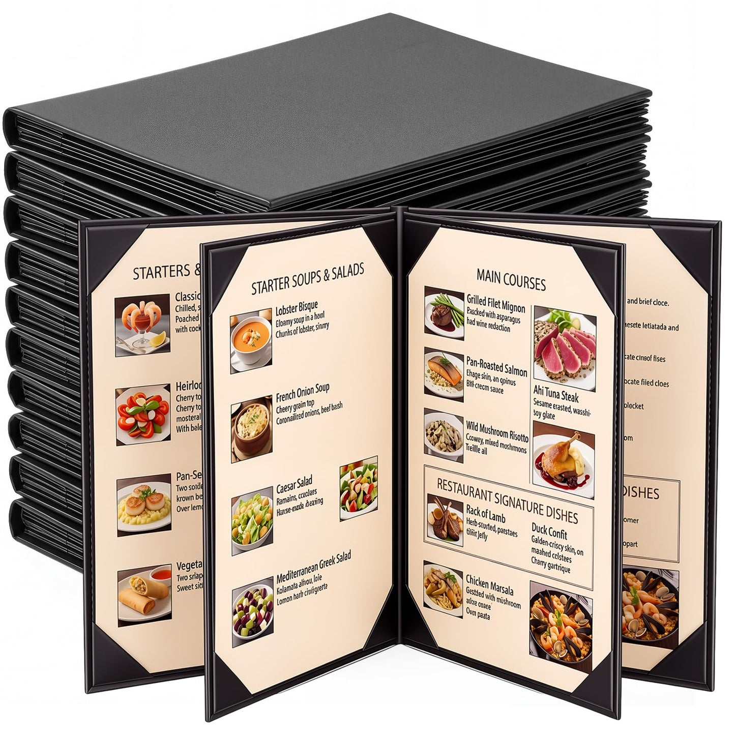 Ferrochef 10 Pack Leather Menu Covers, 6 View Menu Holder 8.5 x 11 Inch for Restaurant, Cafes, Bars, Wine List, Drinks, Commercial and Home Use, Black