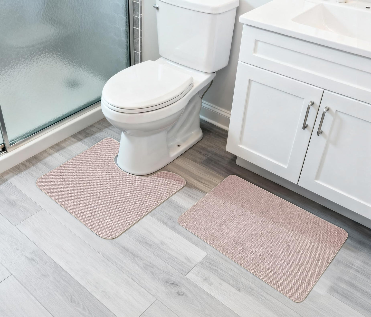 Bosap Bathroom Rugs Set 2 Pieces,Thin Bathroom Mats,Toilet Rugs,Quick Dry,Non-Slip,Machine Washable,Low Pile,Absorbent Bath Mats,Shower,Sink,Home Decor Accessories.Beige,1'5"x2'3"+1'8"x2" U Shape