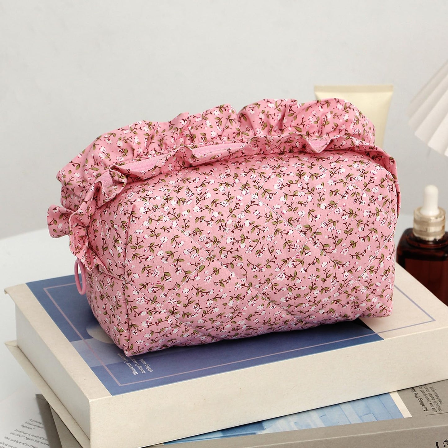 Annpro Cute Makeup Bag Travel Cosmetic Bag for Women,Small Floral Organizer Toiletry Bag Make Up Bags,Coquette Aesthetic Bowknot Toiletry Bag,Soft Cotton Cloth Travel Toiletry Bag (01 Rose Pink)