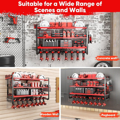 POKIPO Upgrade Large power tool organizer Wall Mount,4 Layers Heavy Duty Metal Loads 400lbs Power Tool Hanger Shelf Battery Storage with 8 Cordless Drill Bit Holder,Utility Racks for Garage Tool Room