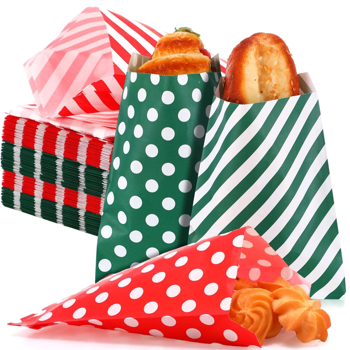 Sweetude 400 Pcs Bulk Christmas Cookie Bags 5 x 7 Inch Small Flat Paper Treat Bags Red Green Dots Stripes Sandwich Candy Buffet Bags for Xmas Holiday Party Favors