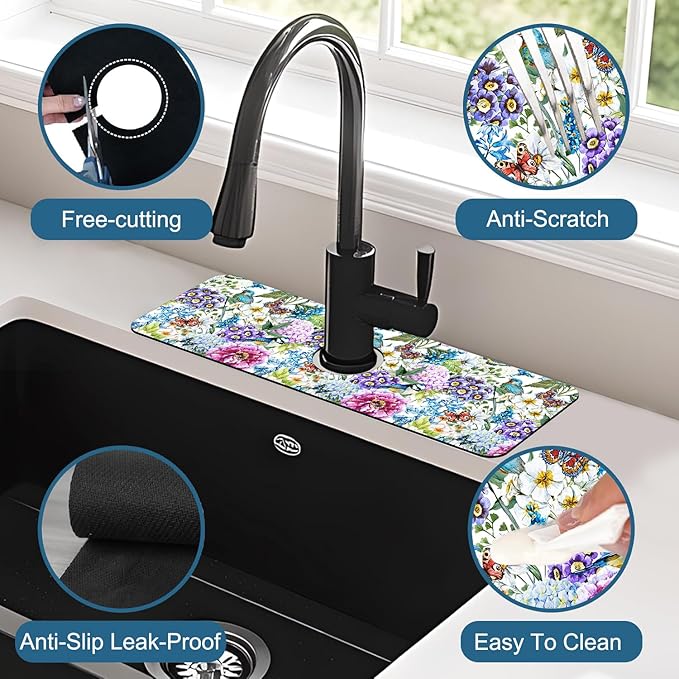 Beautiful Floral Kitchen Sink Splash Guard Faucet Mat Flower Bird Butterfly