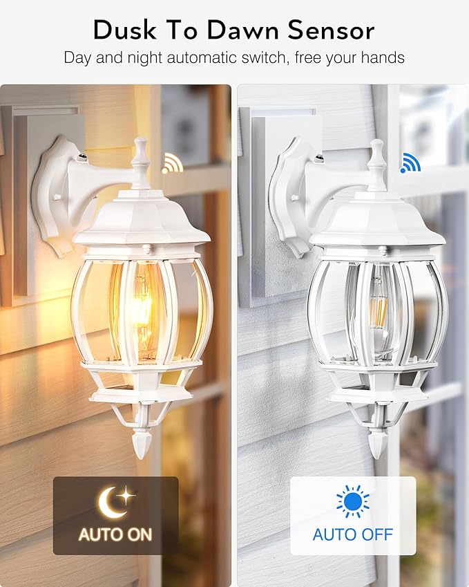 VIANIS Outdoor Light Fixtures Wall Mount for House, White Exterior Wall Sconce Lanterns Lights for Porch, Modern Dusk to Dawn Outdoor Garage Lighting for Front Door with Tempered Glass, Anti-Rust