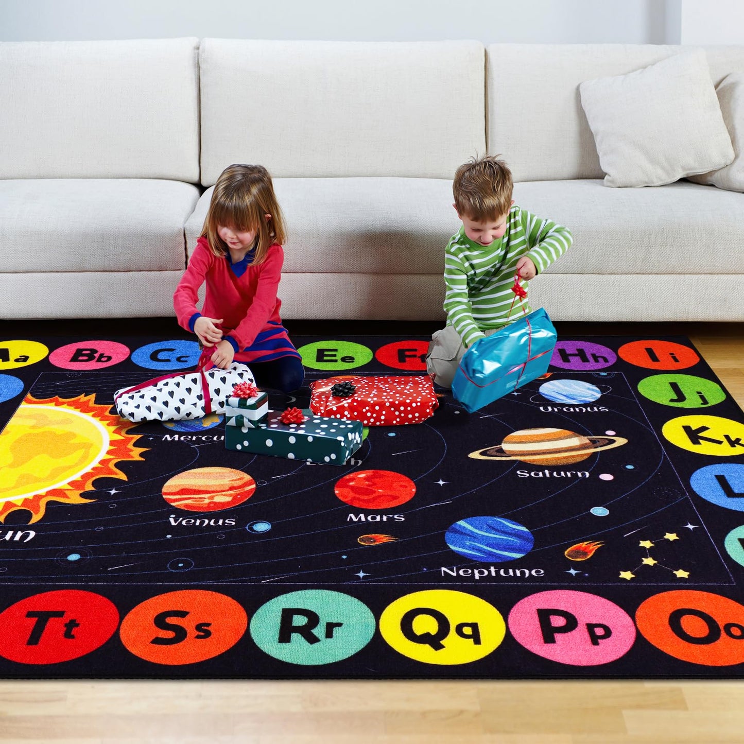 AKASISRUG Kids Rug Outer Space Carpet for Playroom, ABC Educational Learning Area Rug, Non-Slip Solar System Road Play Play Rug for Kids Bedrooms, Classroom, Room Decor (Black, 78.7X59 INCH)