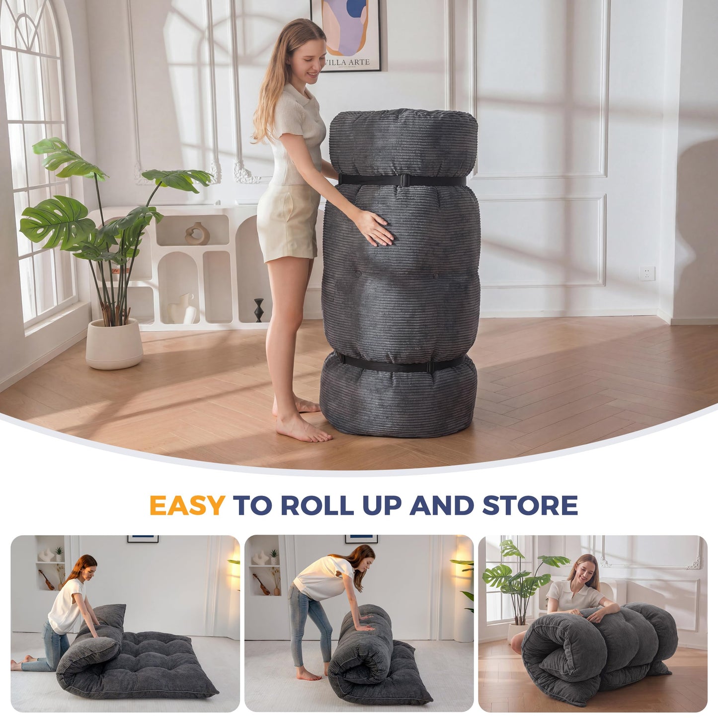 MAXYOYO 6" Japanese Floor Mattress, Foldable Futon Mattress Full Size, Tufted Roll Up Floor Couch, Thick Tatami Mat Sleeping Pad Portable Lounger for Camping Guest Room Dormitory RV, Dark Grey