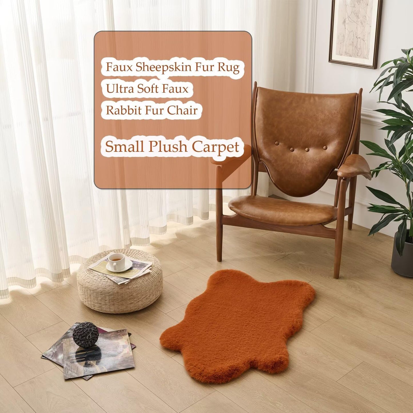 Animebody 1700GSM Fuzzy Faux Sheepskin Fur Area Rug,Extra Soft Faux Fur Mat,Fluffy Shaggy Fur Rug for Bedroom Living Bedside Rug Room Decor-Burnt Orange, 2 x6 ft