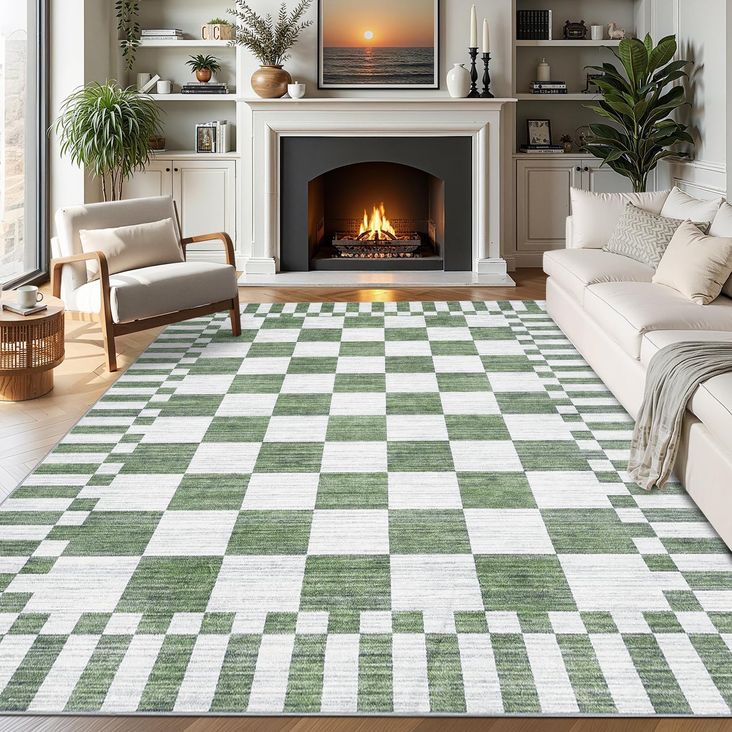GarveeHome 8×10 Area Rugs for Living Room,Sage Green Checkered Rug, Non-Slip Washable Rugs 8x10,Soft Low-Pile Farmhouse Geometric Modern Rug for Bedroom Dining Room