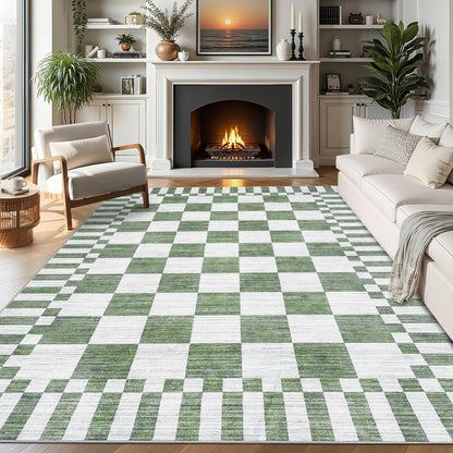 GarveeHome 8×10 Area Rugs for Living Room,Sage Green Checkered Rug, Non-Slip Washable Rugs 8x10,Soft Low-Pile Farmhouse Geometric Modern Rug for Bedroom Dining Room