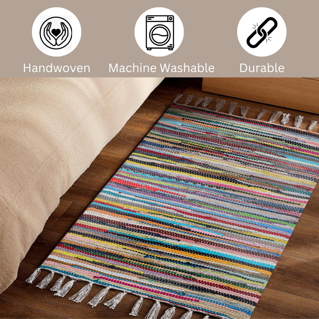 CottonCove Cotton Chindi Rug - Boho Rustic Area Accent Throw Rug - Area Floor Carpet for Bedroom Living Room Kitchen Dorm Entryway Hallway - 20x32 inch Hand Woven Reversible Area Rug Multi Color