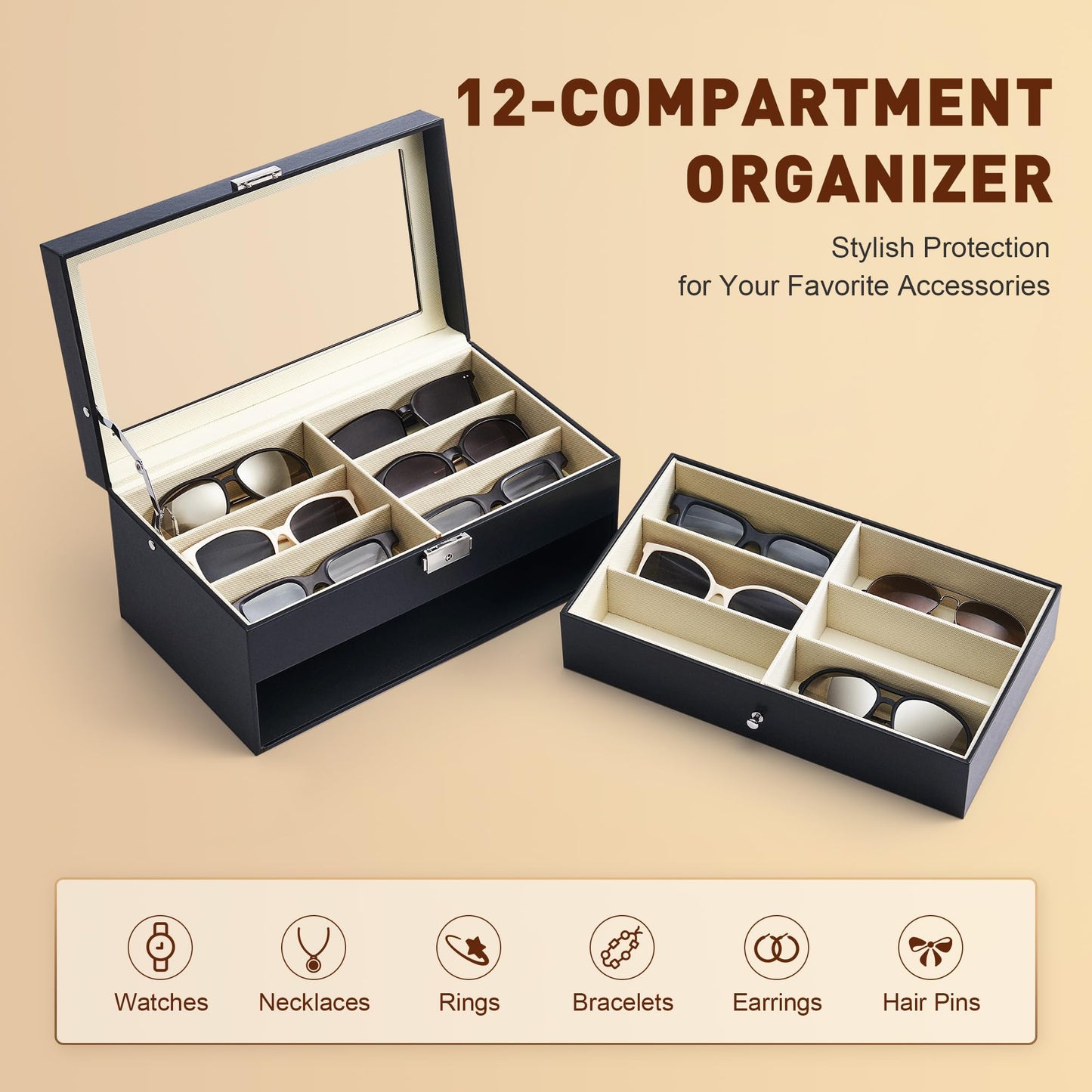CO-Z Sunglasses Organizer with 12 Slots, Multiple Eyeglasses Eyewear Display Case for Women Men, 2 Story Leather Multi Sunglasses Jewelry Collection Holder with Drawer