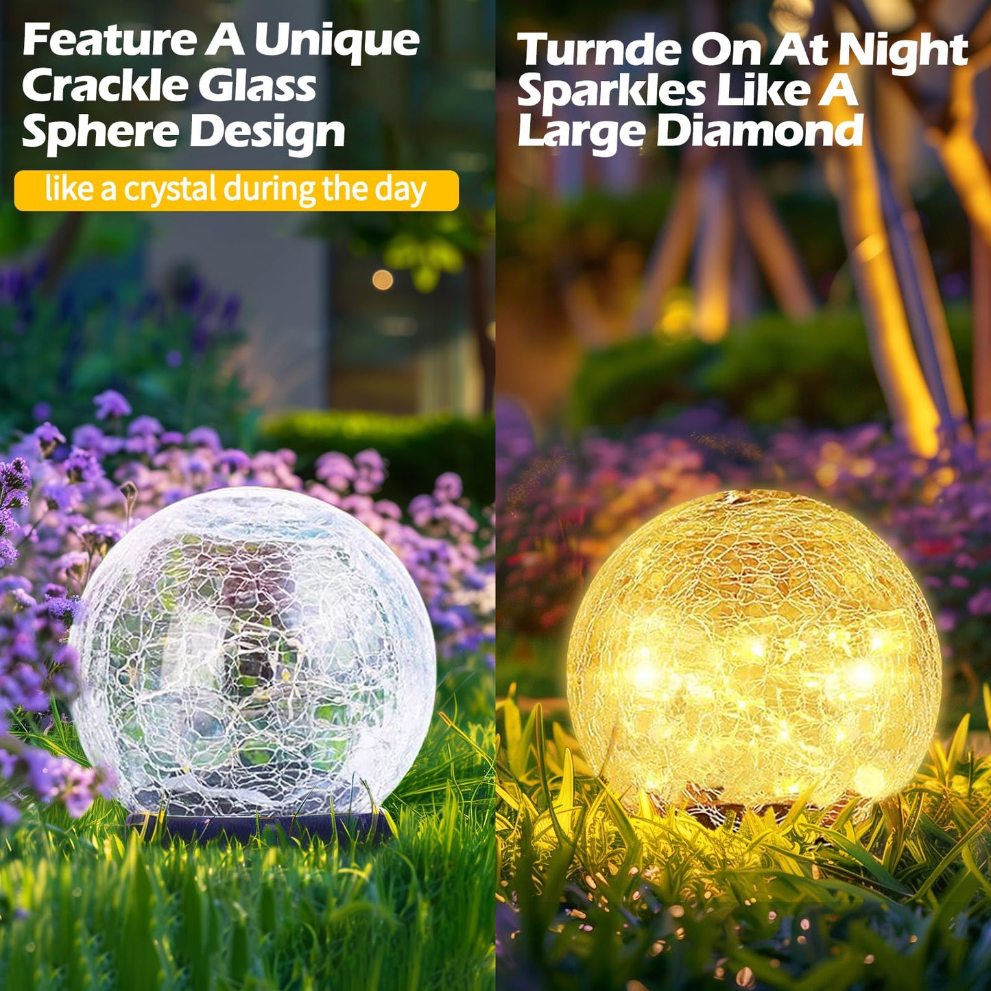 Coroor Garden Solar Ball Lights Outdoor Waterproof, 80 LED Cracked Glass Globe Solar Power Ground Lights for Path Yard Patio Lawn, Halloween Christmas Decoration Landscape Warm White(2 Pack 5.9'')