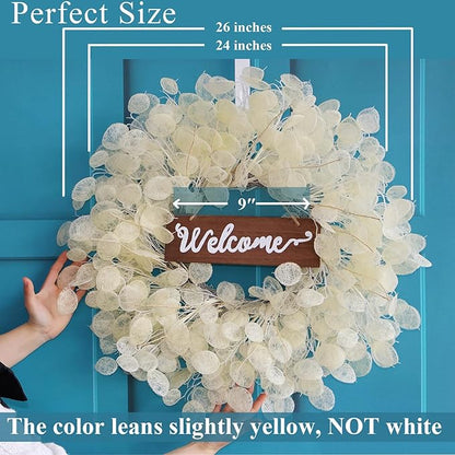 24" Yellow & Cream Fake (Not Real-Looking) Winter Fall Wreaths for Front Door – Boho Year Round Farmhouse Porch Door Decor – Beige Eucalyptus Lunaria Annua Welcome Door Wreath