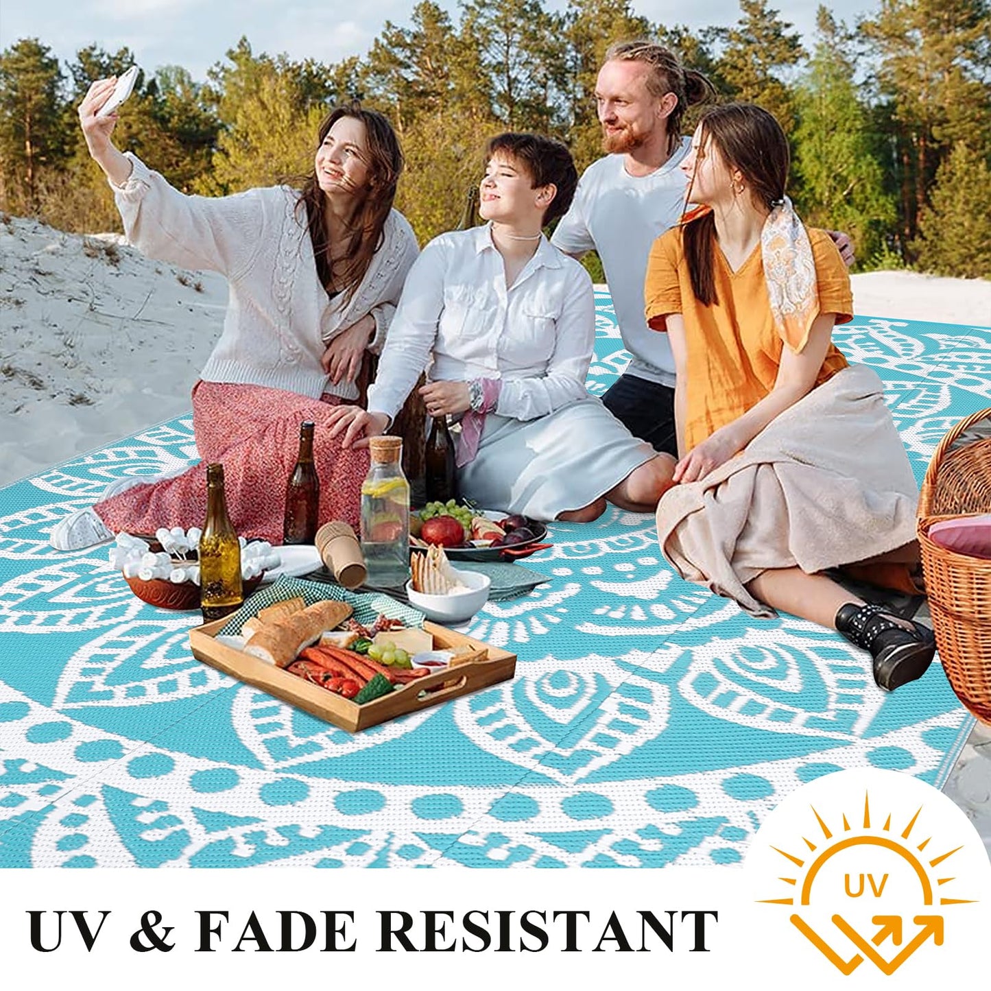 Bsmathom Waterproof Outdoor Rug 6'x9' Reversible Boho Plastic Straw Patio Deck Camping Rugs, Indoor Outdoor Portable RV Mat Clearance Carpet for Outside, Porch, Balcony, Backyard, Beach, Pool,Teal