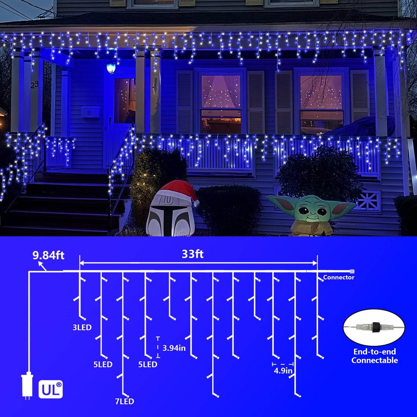 QITONG Blue and White Icicle Lights for Outside, 33ft 400 LED String Light Indoor Plug in, 8 Modes Connectable Icicle Christmas Light Clear Wire