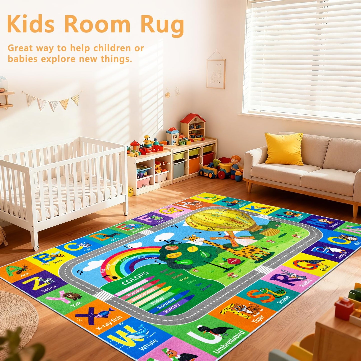 VSIWB Kids Rug for Playroom Educational ABC Rug Washable Play Mat Learning Alphabet Animals Numbers Non-Slip Soft Kids Carpet for Baby Toddler Classroom Nursery Bedroom Decor 5x7