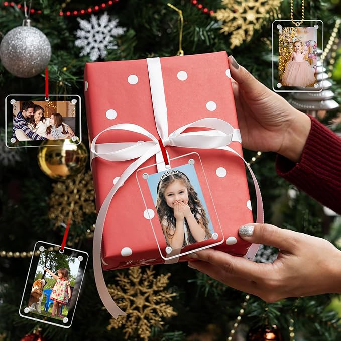 Christmas Photo Ornament Set of 4, 3x2'' Iridescent Acrylic Hanging Picture Frame for Family Photo, Christmas Tree, Holiday Decoration, Multifunctional Magnetic Picture Frames for Car and Fridge Decor
