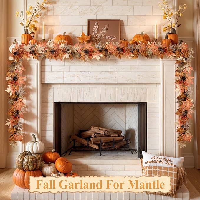 9 FT Fall Garland with Lights Timer Function Autumn Fall Leaves Garland with Berries Pine Cones Realistic Automatic ON/Off Timer Fall Decorations for Home Mantle Fireplace Porch Door Table