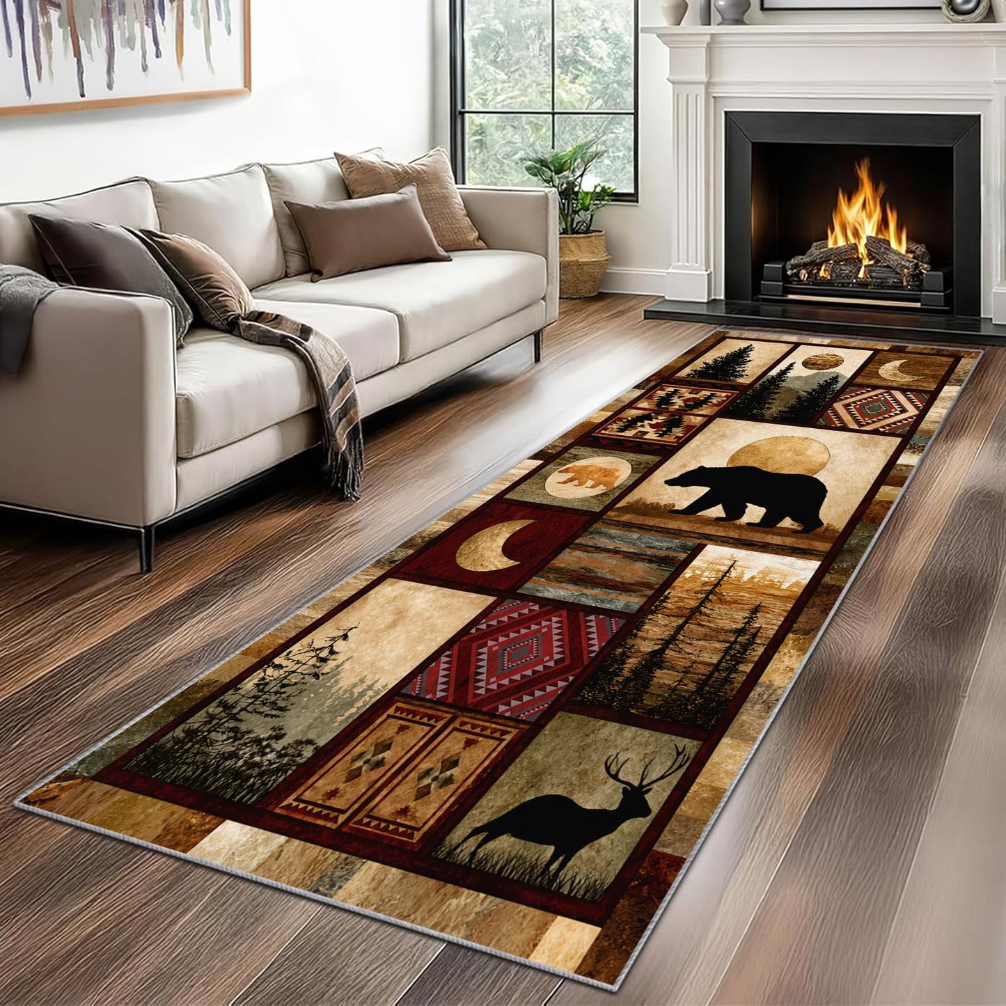 Reocahoo Rustic Cabin Runner Rug 2x6ft, Lodge Bear Deer Rug Runner, Southwestern Wildlife Rugs, Soft Low Pile Kitchen Mats for Floor - Retro Country Style Home Decor