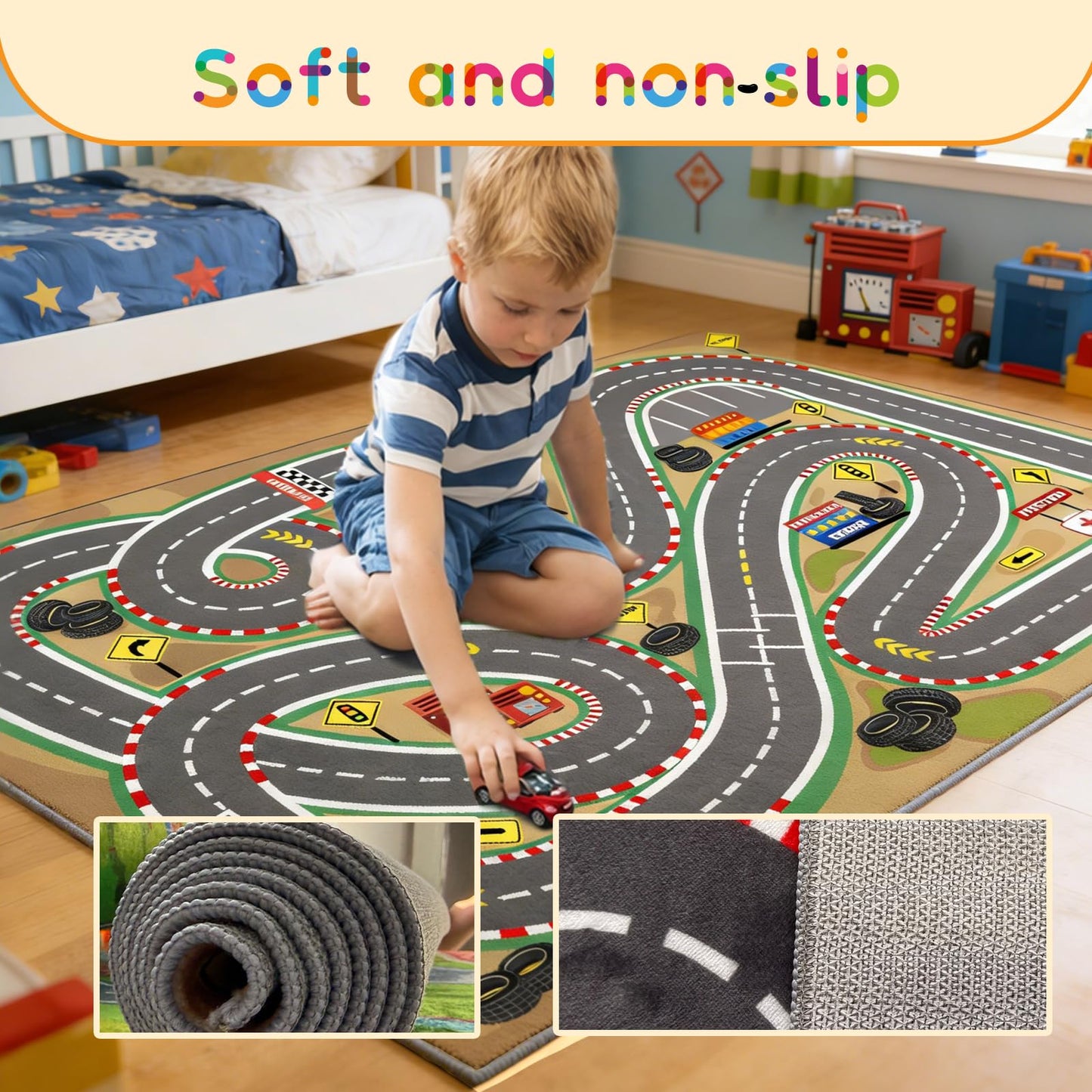 Lukhevev 31"x47" Kids Rug Play Mat Soft & Non-Slip Car Rugs City Map Play MatCar Rugs for Kids Toy Cars Race Track for Classroom Rug，Play Learn and Have Fun Safely