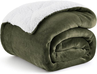 Bedsure GentleSoft Sherpa Fleece Throw Blanket Twin Size for Couch - Thick and Warm Throw for Men, Soft Fuzzy Plush Twin Blanket for Winter, Olive Green, 60x80 Inches