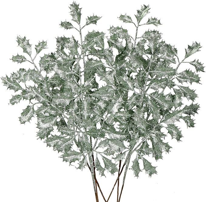 DILATATA 6Pcs Christmas Glitter Leaves Holly Leaves 23" Artificial Mint Green Holly Leaf Picks Sprays Giltter Stems for Christmas Tree DIY Xmas Wreath Garland Home Decor - Mint Green
