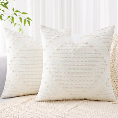 Mecatny Boho Outdoor Throw Pillow Covers 18X18 Set of 2, Farmhouse Decorative Pillow Covers for Couch Sofa Living Room, Beige & Cream White